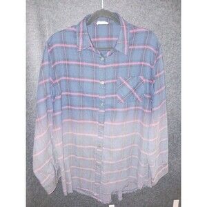 LA MIEL Women's FLANNEL OMBRE Large Shirt Blue Red Plaid Fringe Hem Metal Button